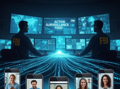 FBI agents monitoring active surveillance feeds with multiple smartphone video calls displayed