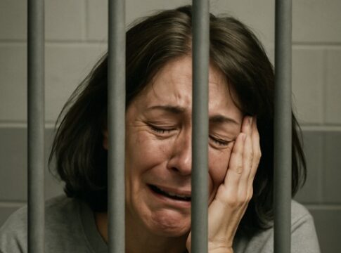 A woman in a prison cell showing signs of emotional distress