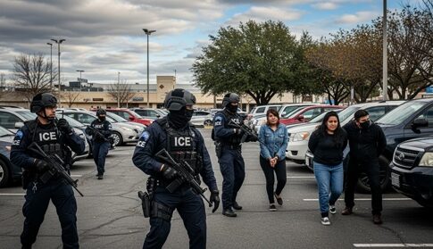 ICE agents conducting an arrest in a parking lot
