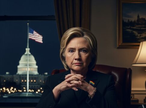 Hillary Clinton seated at a desk with a serious expression, Washington D.C. in the background
