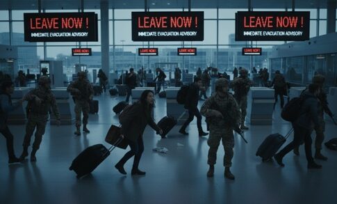 Crowd of people in an airport responding to evacuation alerts with military personnel present
