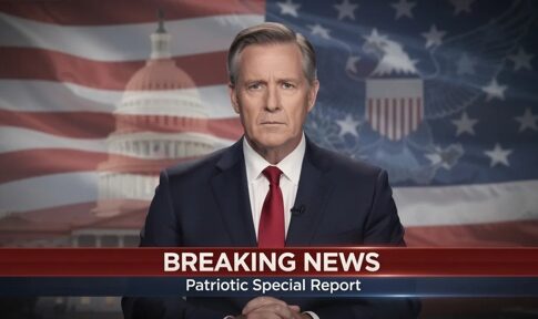 News anchor delivering a breaking news report with a patriotic background