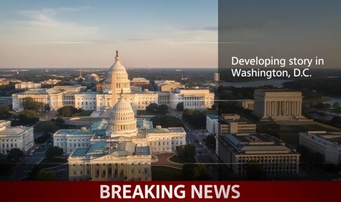 Aerial view of the Capitol building in Washington D.C. with a breaking news banner
