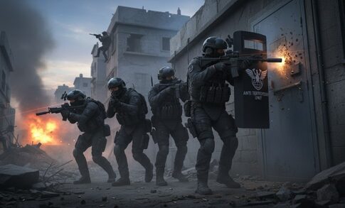 A tactical team of soldiers in combat gear advancing through a war-torn urban environment