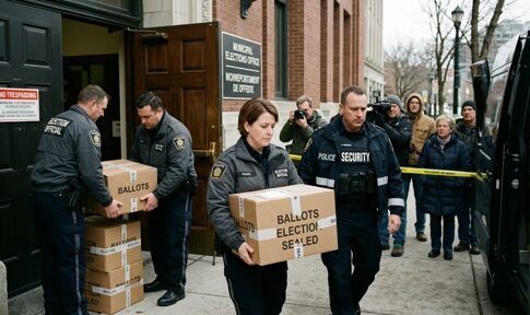 Law enforcement officers transporting sealed ballot boxes outside an election office