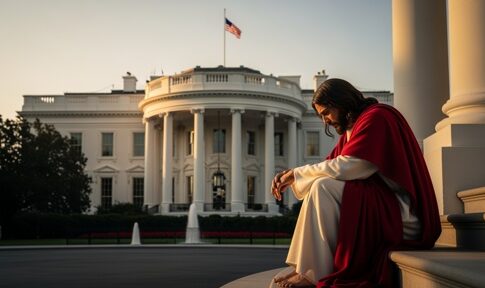 A religious figure seated in contemplation in front of the White House at sunset