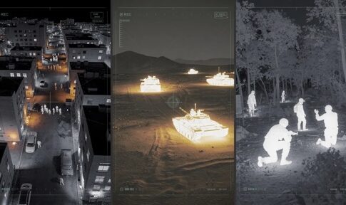 Thermal imaging view showing military vehicles and personnel in urban and outdoor settings