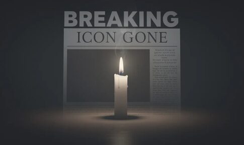 A lit candle in front of a newspaper with the headline 'BREAKING ICON GONE'
