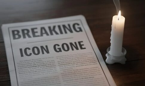 A newspaper with the headline 'BREAKING ICON GONE' next to a lit candle
