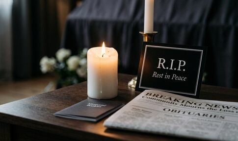 A candle and memorial card on a table with a newspaper featuring obituaries