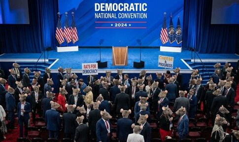 Crowd at a political convention wearing rat masks and holding signs