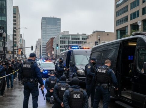 Police officers conducting an operation in an urban area with a crowd present