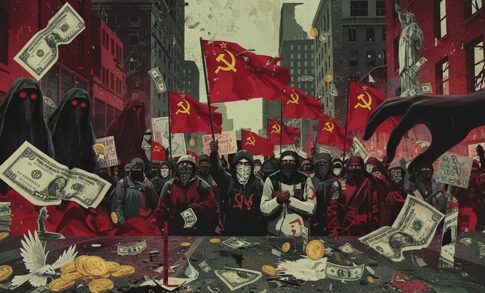 A crowd of protesters holding communist flags and money in a city setting