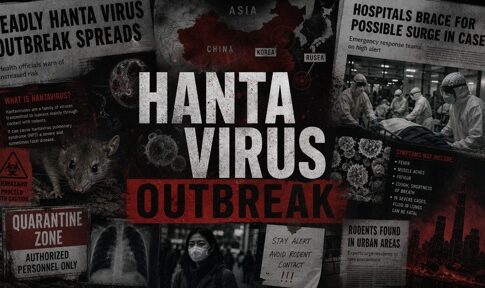 Graphic depicting Hanta virus outbreak with warnings and images of affected areas