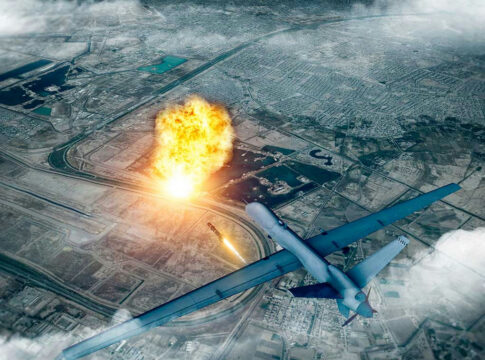 Drone launching missile with explosion on ground.