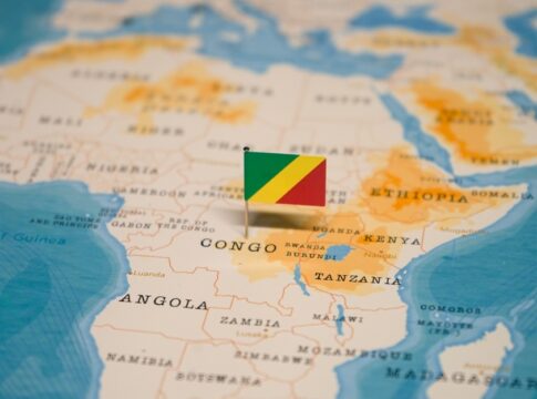 Small Republic of the Congo flag pinned on a map of Africa
