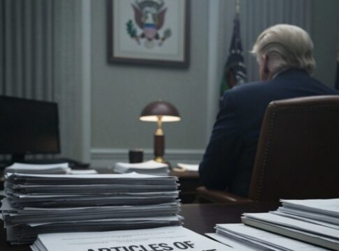 A stack of documents labeled 'Articles of Impeachment' on a desk in a government office
