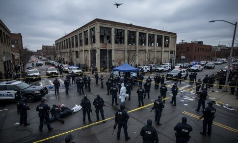 Police officers and FBI agents at a crime scene with a drone overhead